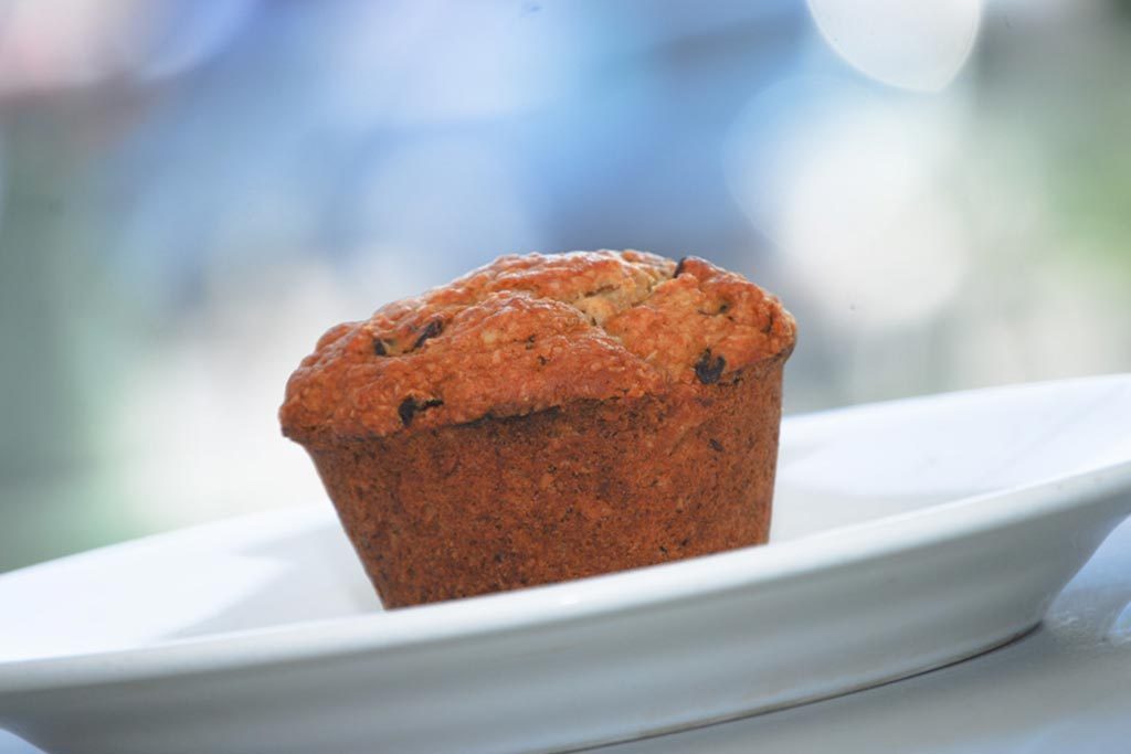 A bran muffin on a plate